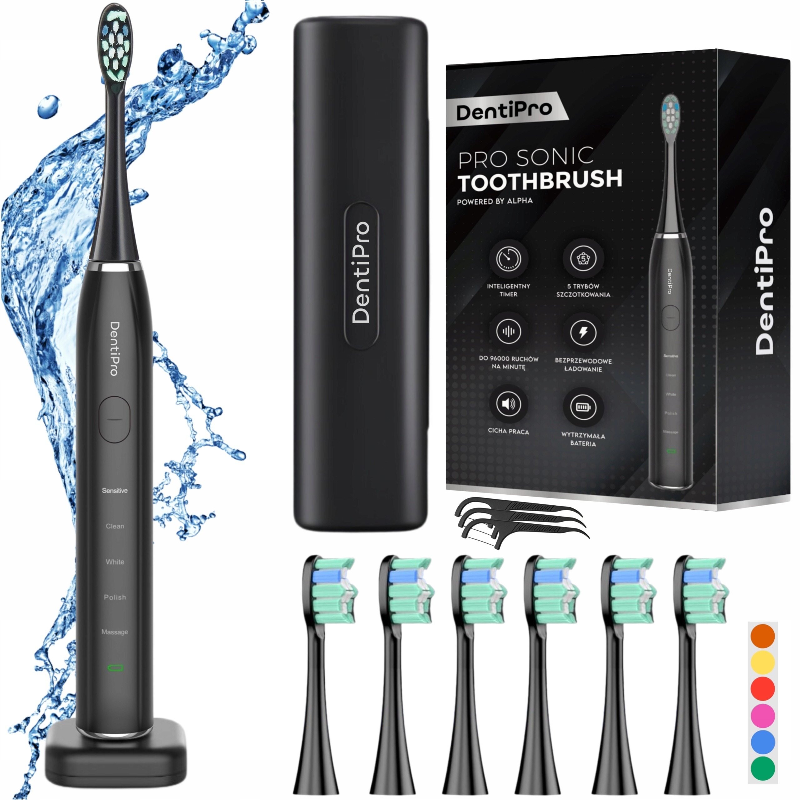 Alpha DentiPro STB-02 – sonická zubná kefka s puzdrom a 6 hlavicami, čierna