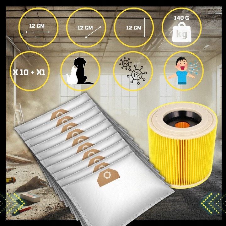 10× syntetické vrecko + skladaný filter pre Kärcher WD 3, MV 2, MV 3 a SE 4001 GALAXIA