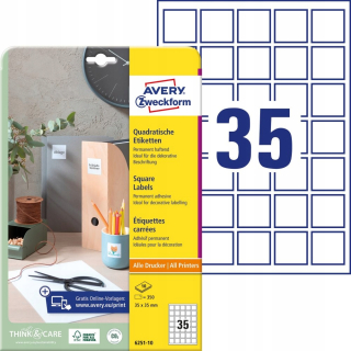 Samolepiace print etikety - Awery 10xA4 35x35mm štvorcový trvalý štvorec