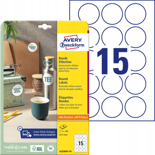 Samolepiace print etikety - Okrúhle štítky A4 10 listov 51 mm biele odnímateľné 6