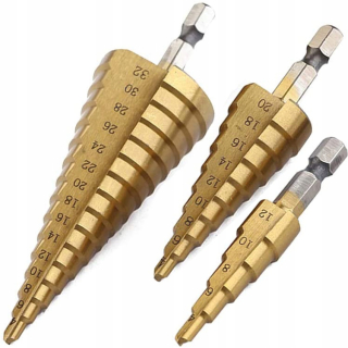 Postupná kužeľová vŕtačka 3 kusy nastavená 4-32 mm