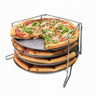 Sada 4 plechov na pečenie na pizzu 28 cm + stojan